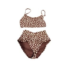 Aerie Brown Abstract Dot High Waisted Bikini Set Scoop Neck Top Small